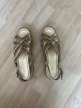 Prada Metallic Gold Crisscross Leather Espadrille Platform Sandals